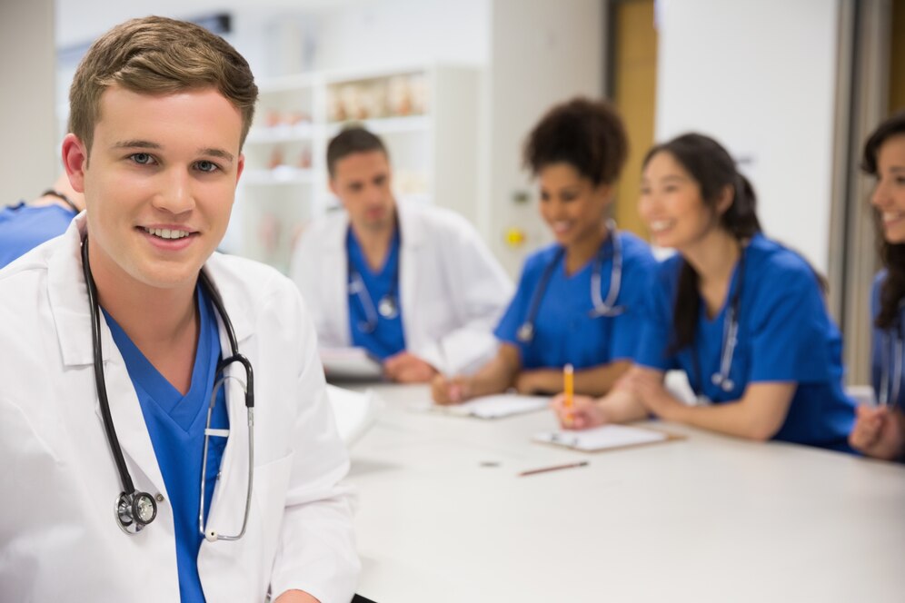 Smiling medical student in healthcare training class