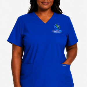 Health Up Training royal-blue student scrub uniform with embroidered school logo