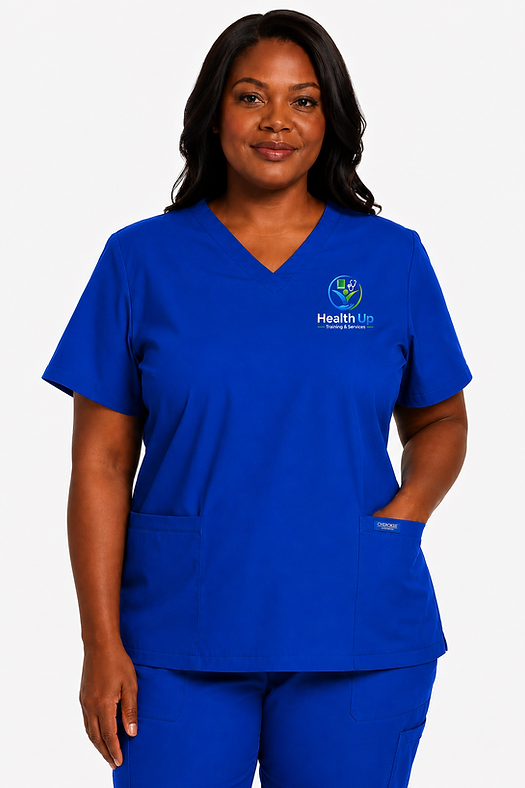 Health Up Training royal-blue student scrub uniform with embroidered school logo